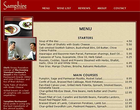 Samphire Restaurant menu page